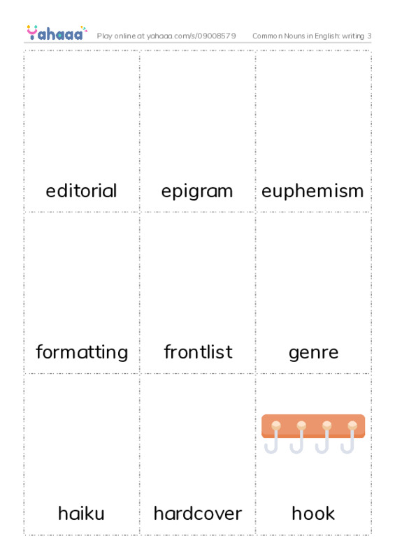 Common Nouns in English: writing 3 PDF flaschards with images