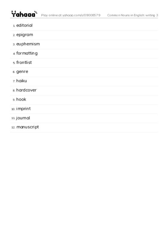 Common Nouns in English: writing 3 PDF words glossary