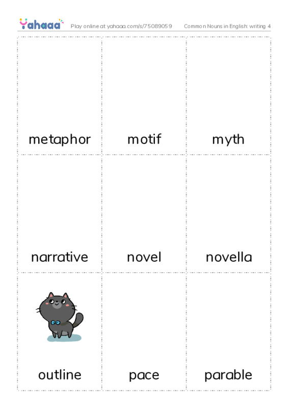 Common Nouns in English: writing 4 PDF flaschards with images