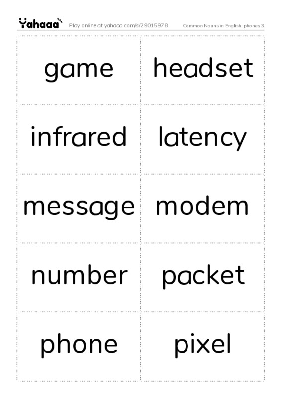 Common Nouns in English: phones 3 PDF two columns flashcards