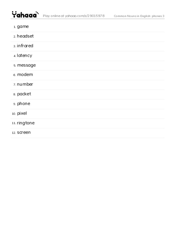 Common Nouns in English: phones 3 PDF words glossary