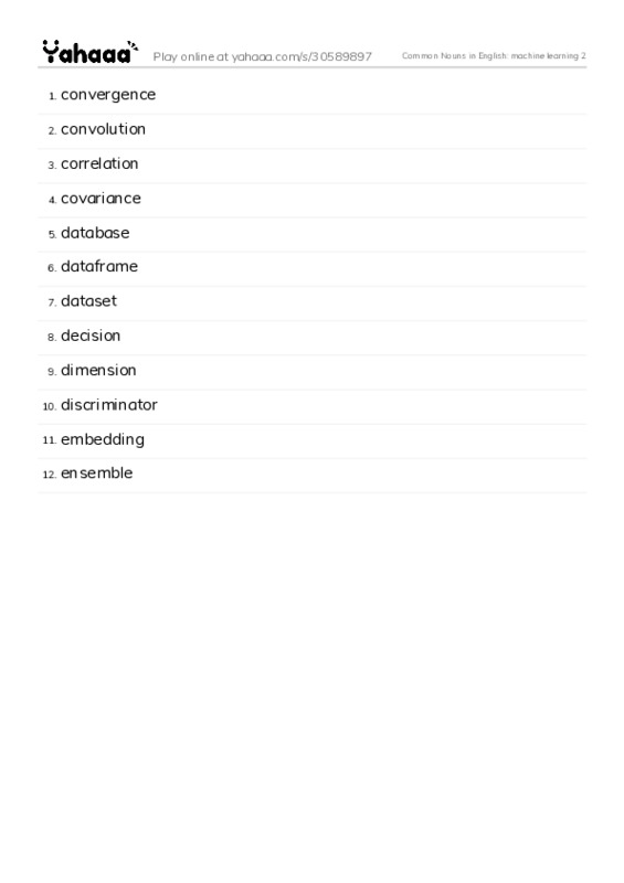 Common Nouns in English: machine learning 2 PDF words glossary