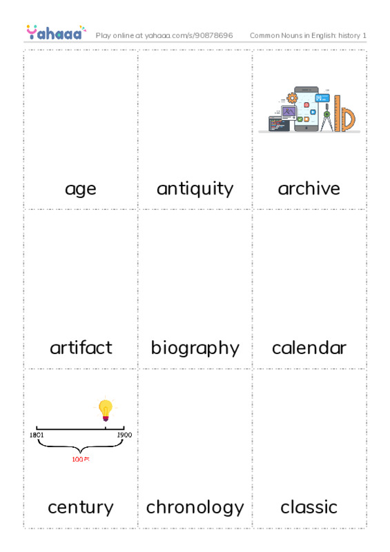 Common Nouns in English: history 1 PDF flaschards with images
