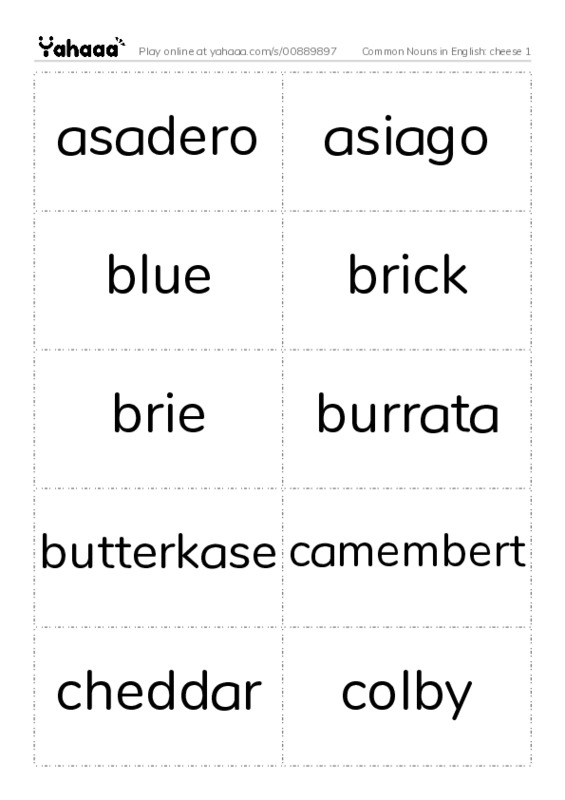 Common Nouns in English: cheese 1 PDF two columns flashcards