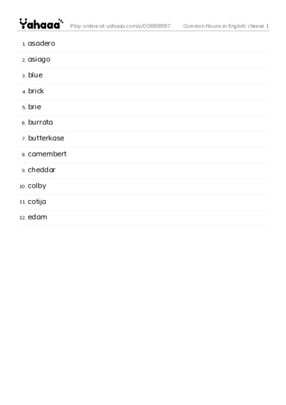 Common Nouns in English: cheese 1 PDF words glossary