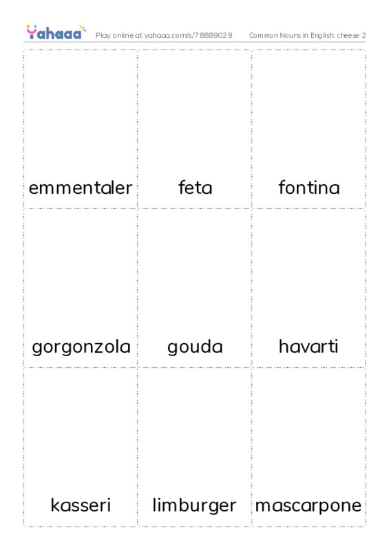 Common Nouns in English: cheese 2 PDF flaschards with images