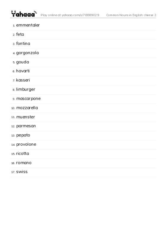 Common Nouns in English: cheese 2 PDF words glossary