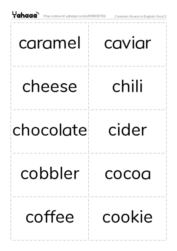 Common Nouns in English: food 2 PDF two columns flashcards