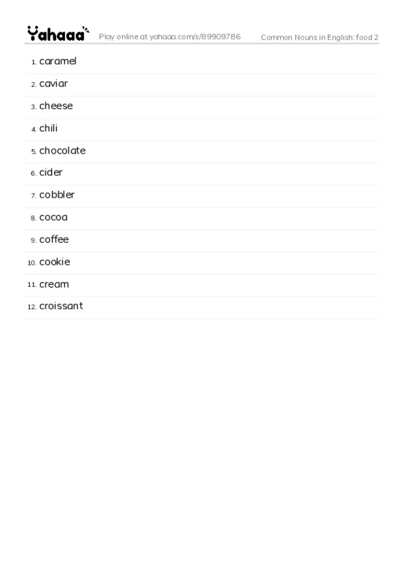 Common Nouns in English: food 2 PDF words glossary