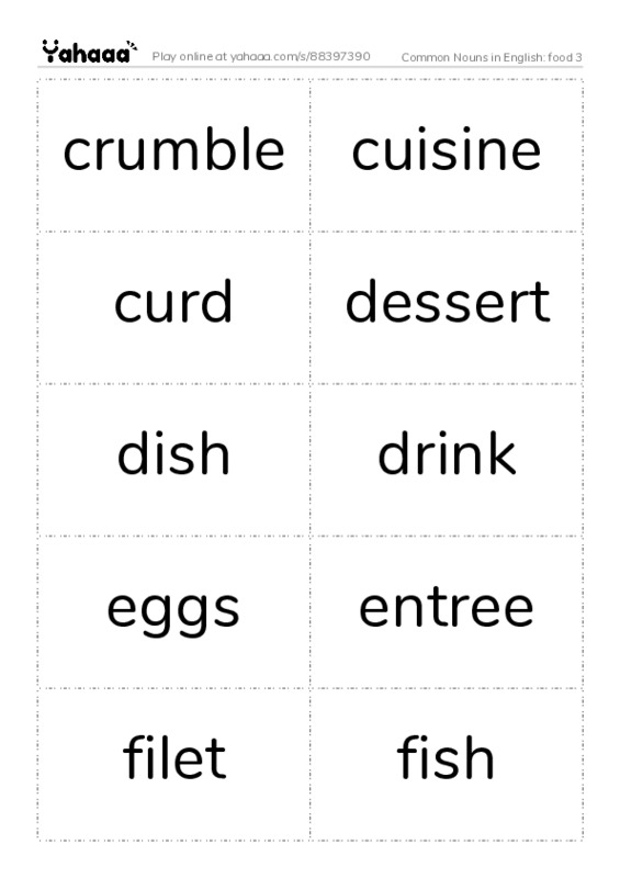 Common Nouns in English: food 3 PDF two columns flashcards