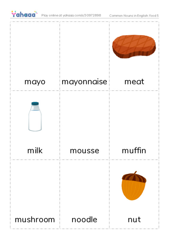 Common Nouns in English: food 5 PDF flaschards with images