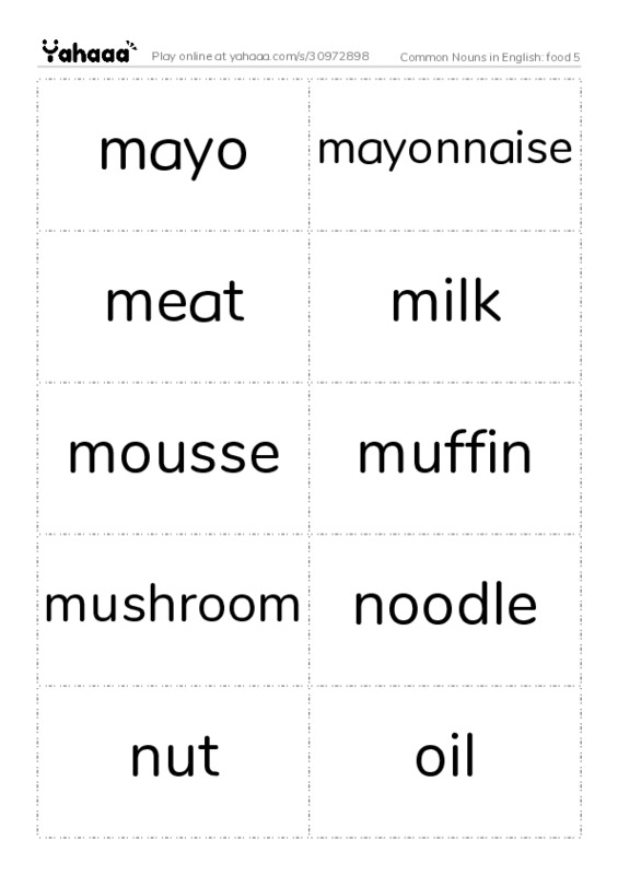 Common Nouns in English: food 5 PDF two columns flashcards
