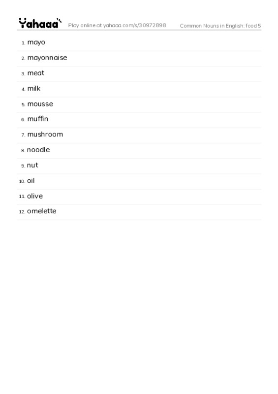 Common Nouns in English: food 5 PDF words glossary