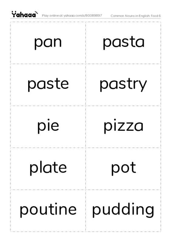Common Nouns in English: food 6 PDF two columns flashcards