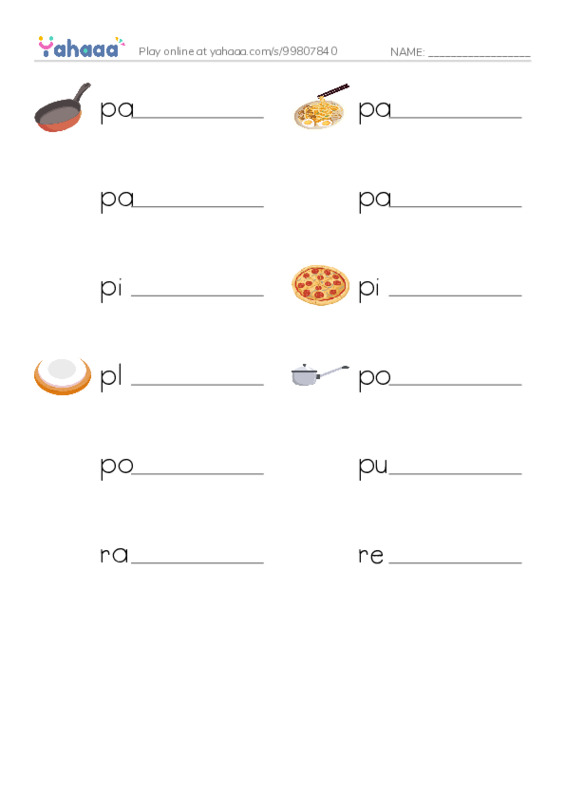 Common Nouns in English: food 6 PDF worksheet writing row