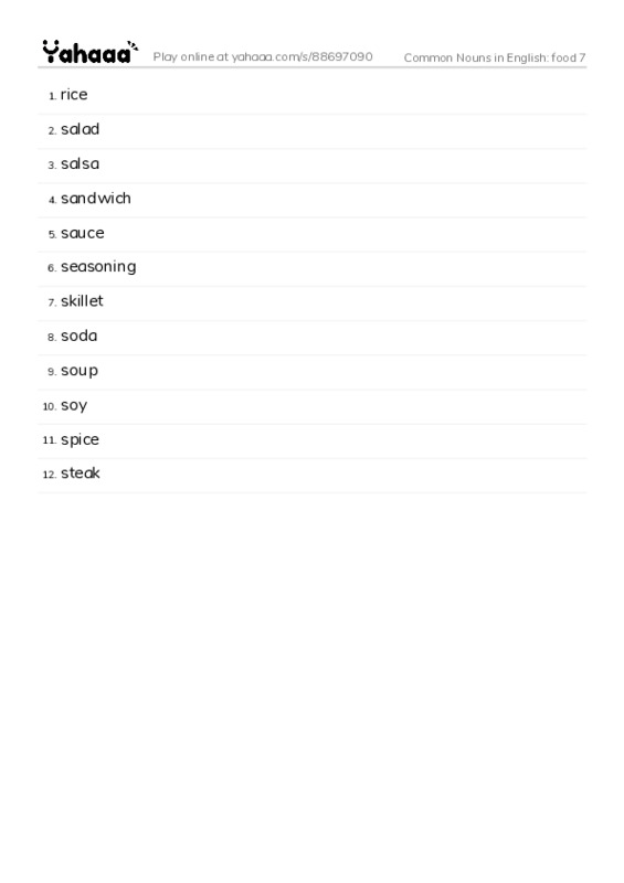 Common Nouns in English: food 7 PDF words glossary