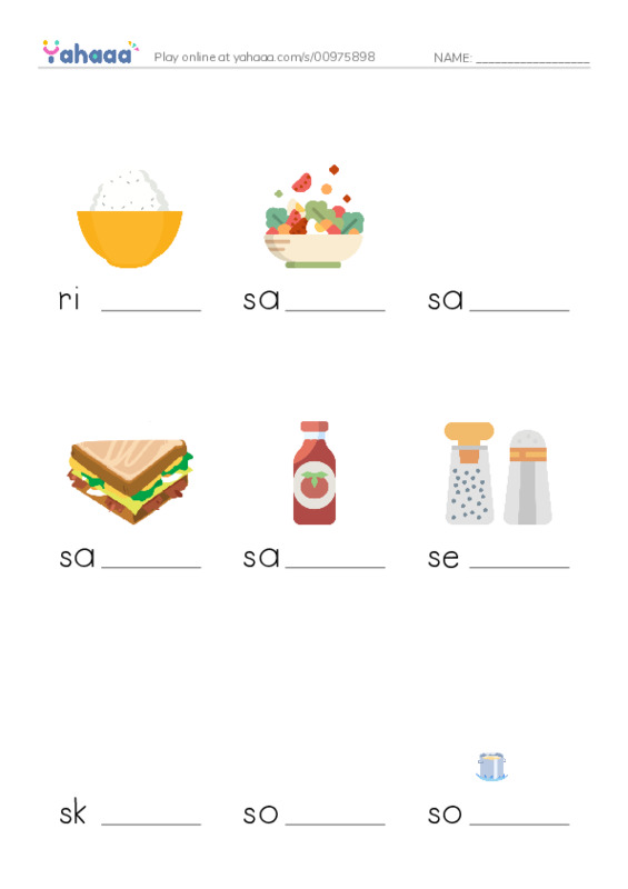 Common Nouns in English: food 7 PDF worksheet to fill in words gaps