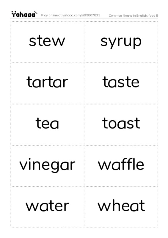 Common Nouns in English: Food  PDF two columns flashcards