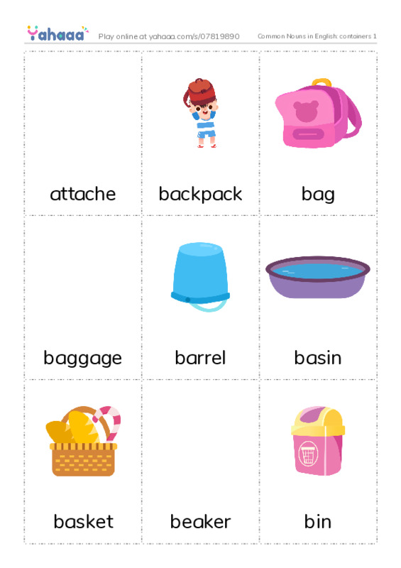 Common Nouns in English: containers 1 PDF flaschards with images