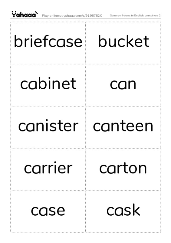 Common Nouns in English: containers 2 PDF two columns flashcards