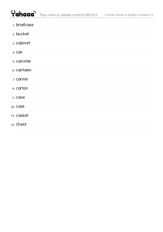 Common Nouns in English: containers 2 PDF words glossary