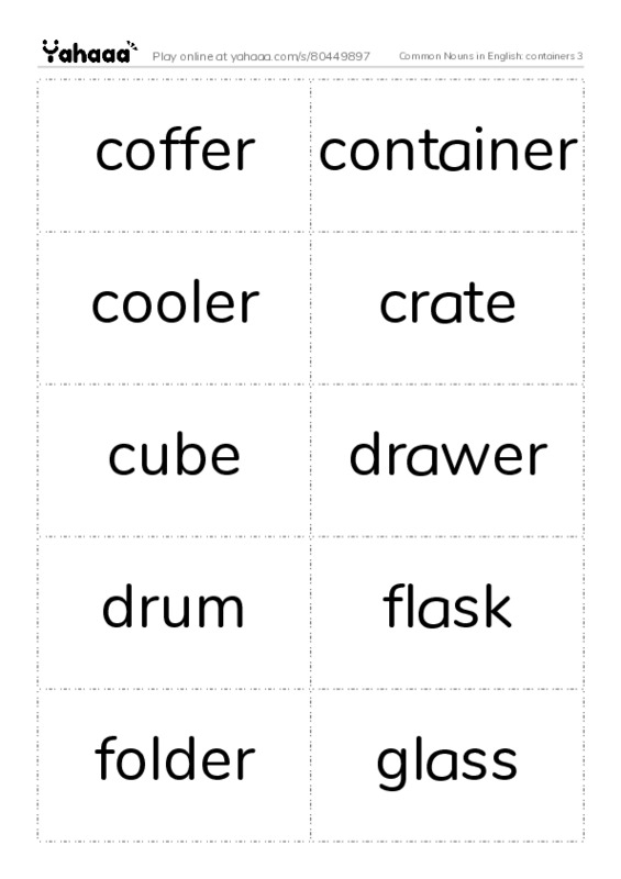 Common Nouns in English: containers 3 PDF two columns flashcards