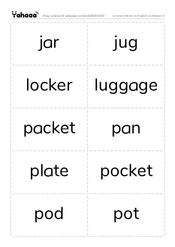 Common Nouns in English: containers 4 PDF two columns flashcards