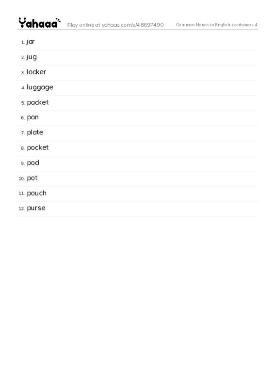 Common Nouns in English: containers 4 PDF words glossary