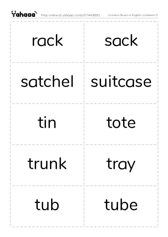 Common Nouns in English: containers 5 PDF two columns flashcards