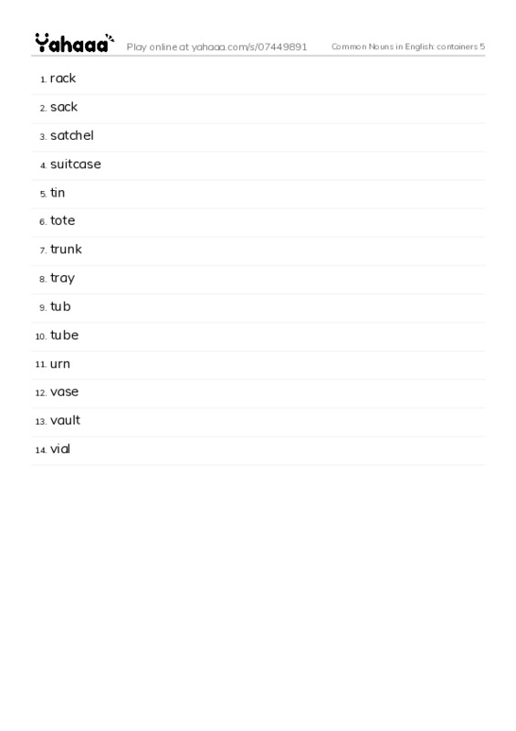 Common Nouns in English: containers 5 PDF words glossary
