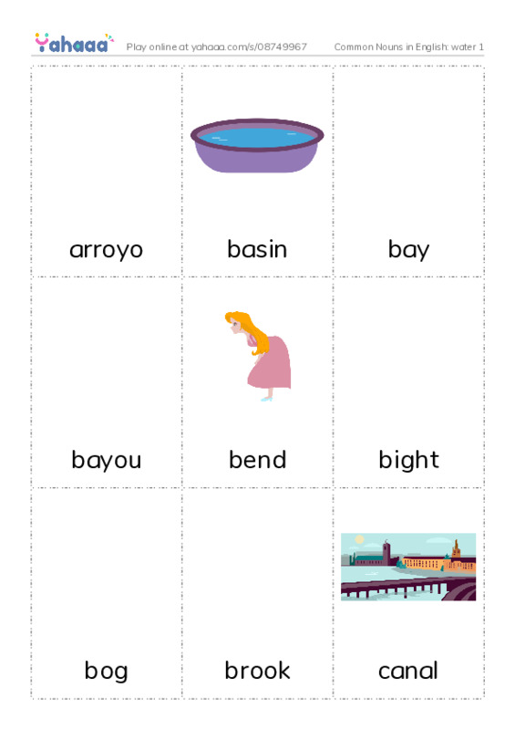 Common Nouns in English: water 1 PDF flaschards with images