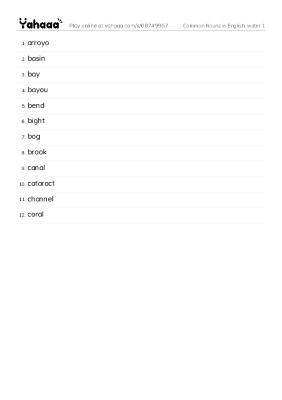 Common Nouns in English: water 1 PDF words glossary