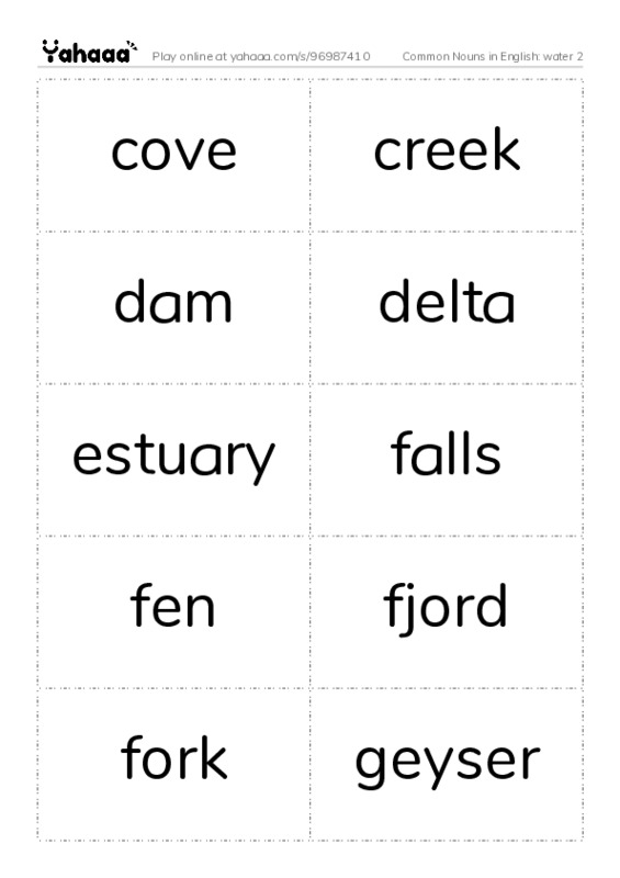 Common Nouns in English: water 2 PDF two columns flashcards