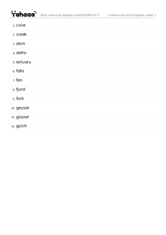Common Nouns in English: water 2 PDF words glossary