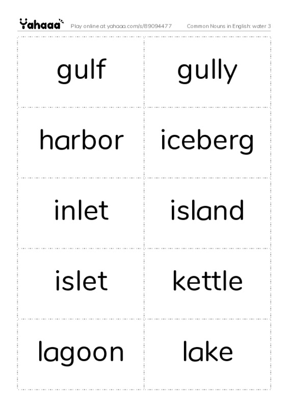 Common Nouns in English: water 3 PDF two columns flashcards