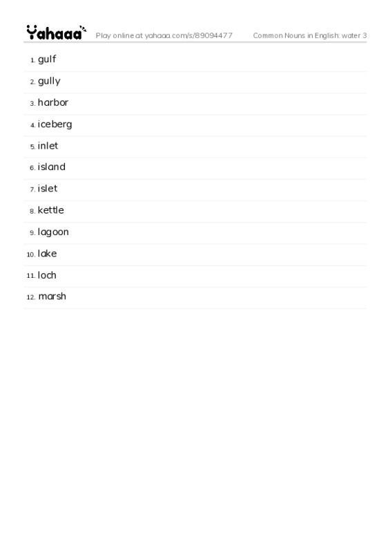 Common Nouns in English: water 3 PDF words glossary