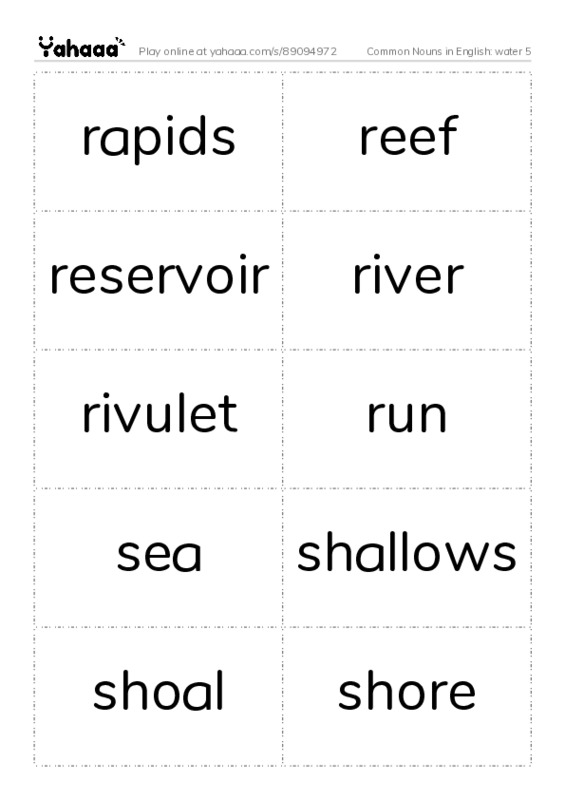 Common Nouns in English: water 5 PDF two columns flashcards