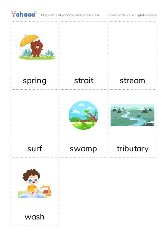 Common Nouns in English: water 6 PDF flaschards with images