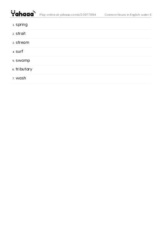 Common Nouns in English: water 6 PDF words glossary
