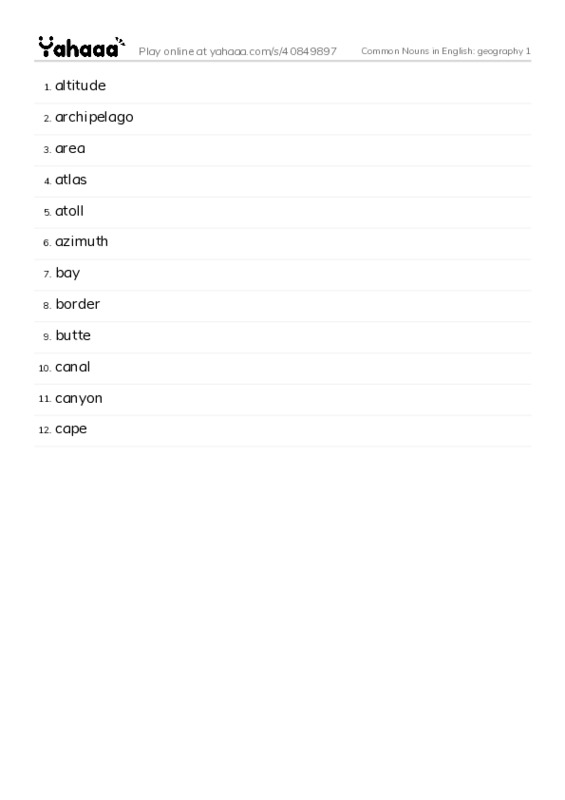 Common Nouns in English: geography 1 PDF words glossary