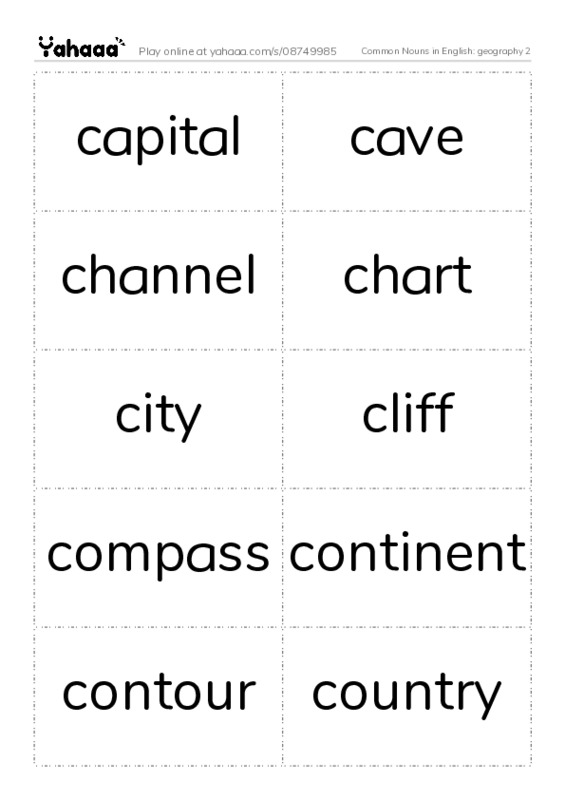 Common Nouns in English: geography 2 PDF two columns flashcards