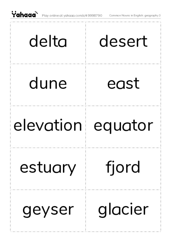 Common Nouns in English: geography 3 PDF two columns flashcards
