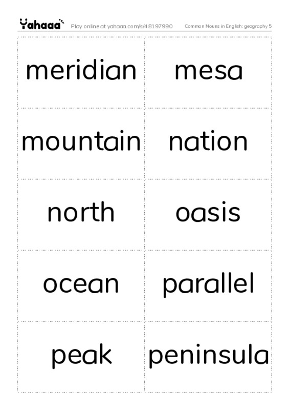 Common Nouns in English: geography 5 PDF two columns flashcards