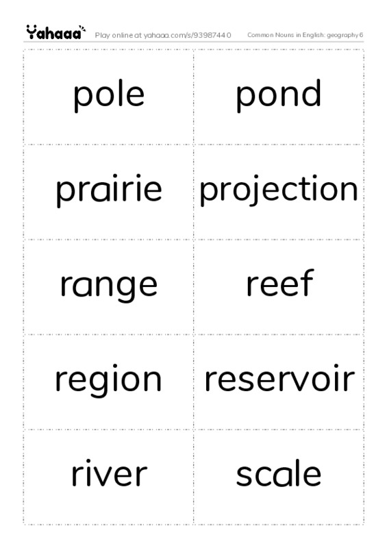 Common Nouns in English: geography 6 PDF two columns flashcards