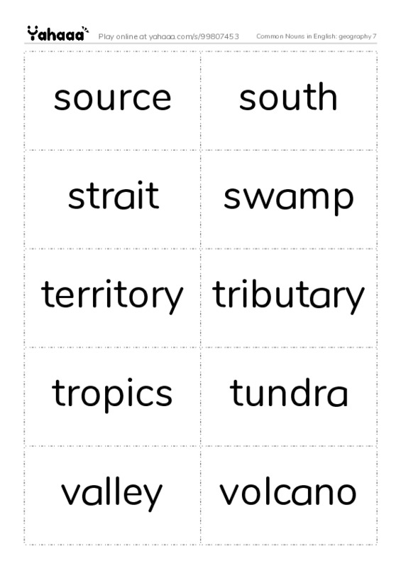 Common Nouns in English: geography 7 PDF two columns flashcards