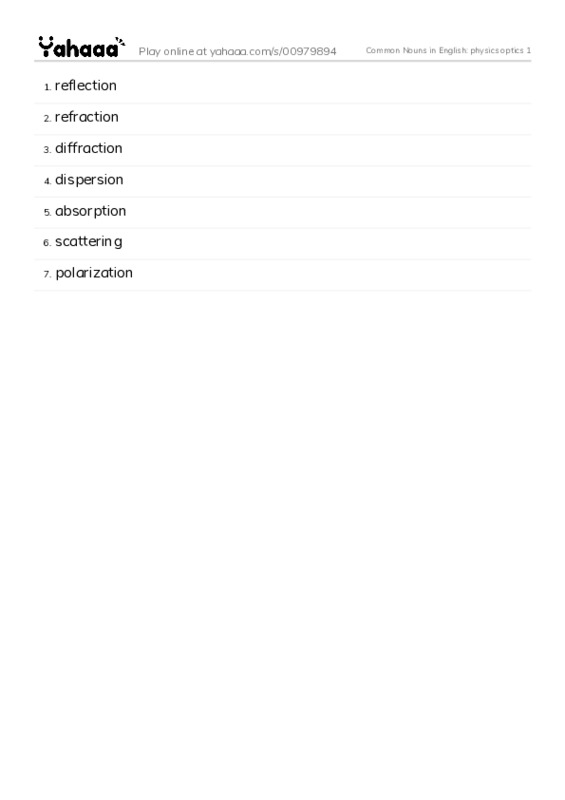 Common Nouns in English: physics optics 1 PDF words glossary