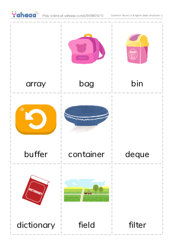 Common Nouns in English: data structures 1 PDF flaschards with images