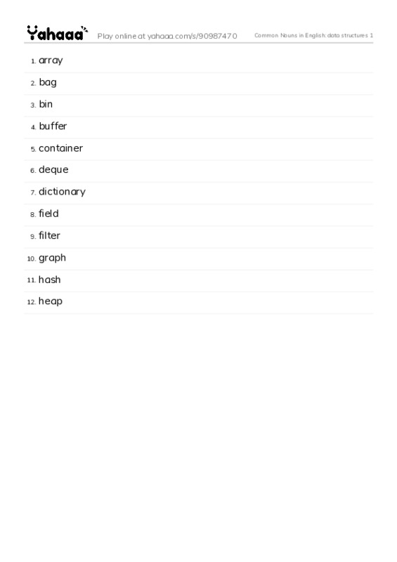 Common Nouns in English: data structures 1 PDF words glossary