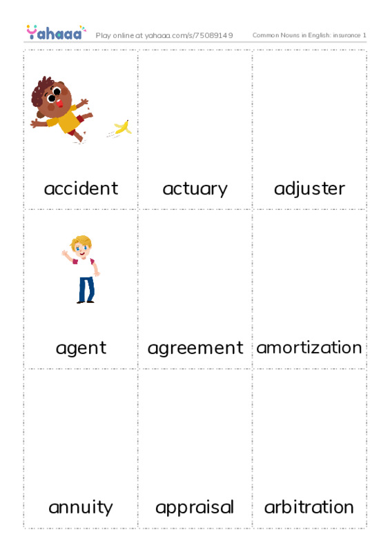 Common Nouns in English: insurance 1 PDF flaschards with images