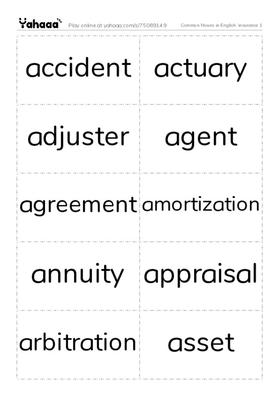 Common Nouns in English: insurance 1 PDF two columns flashcards